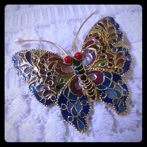 Cloisonne Like & Pearl Big Colorful Butterfly Pin